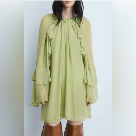 Mango Dresses & Skirts - Mango Ruffle Sleeve Float Green Long Sleeve Elegant Drawstring Neck Lined Dress